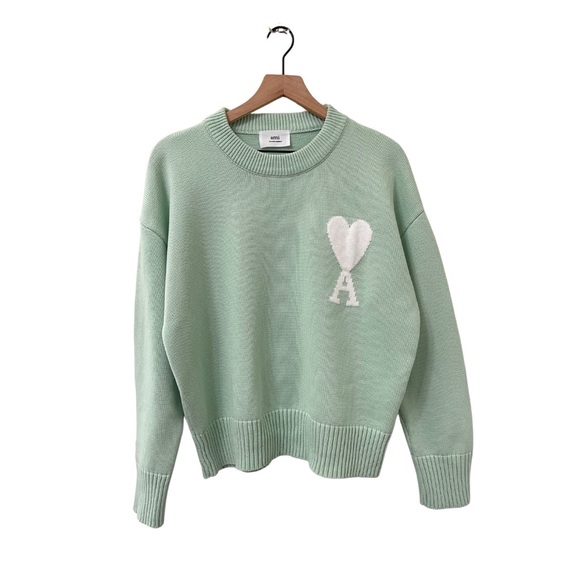 Ami Alexandre Mattiussi Sweaters - Ami A Mattiussi Paris Green & White Logo Intarsia Cotton Wool Sweater Size Small